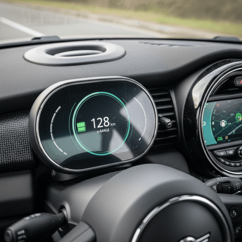 Mini Cooper SE interior with digital dash showing battery state of charge and remaining range.