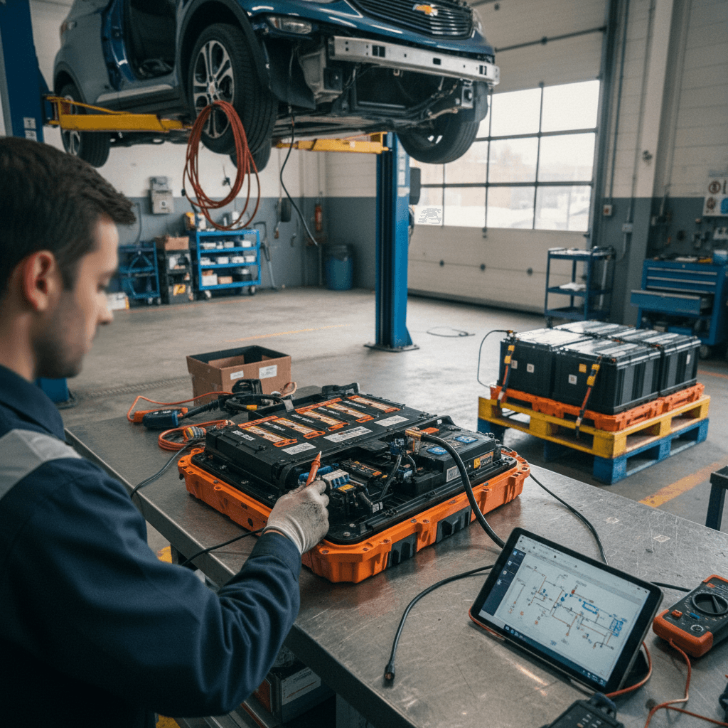 Technician inspecting the high-voltage battery pack and orange cabling on a Chevrolet Bolt EV in a service bay