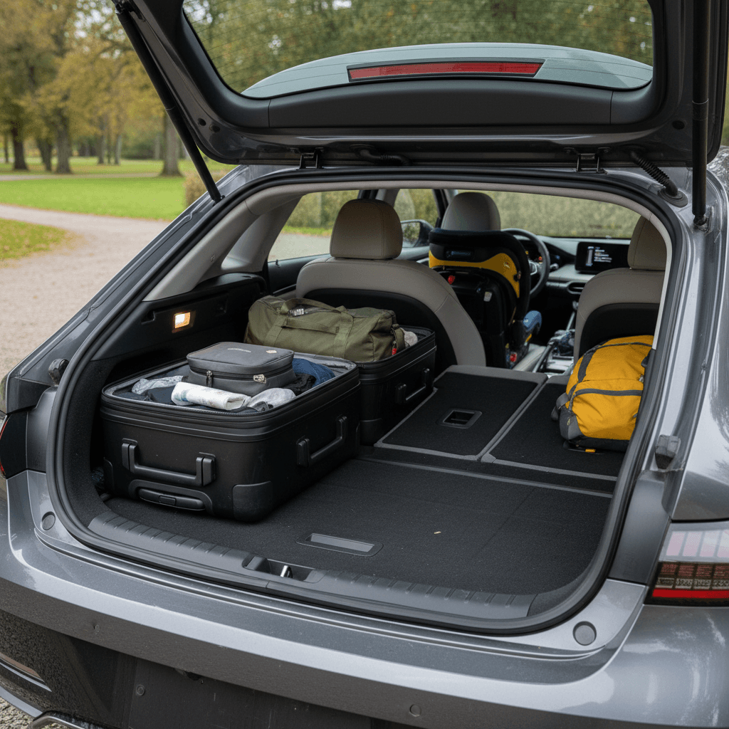 Open trunk of a Hyundai IONIQ 6 showing luggage and folded rear seats to illustrate trunk depth and cargo layout
