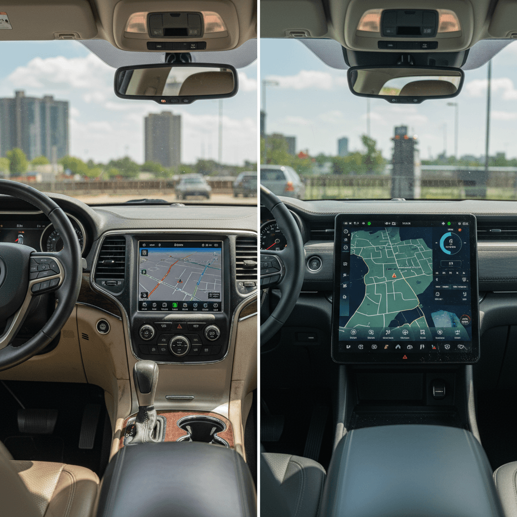 Driver’s‑eye view comparing the dashboards of a Jeep Grand Cherokee and a Rivian R1S, highlighting analog controls vs large central touchscreen