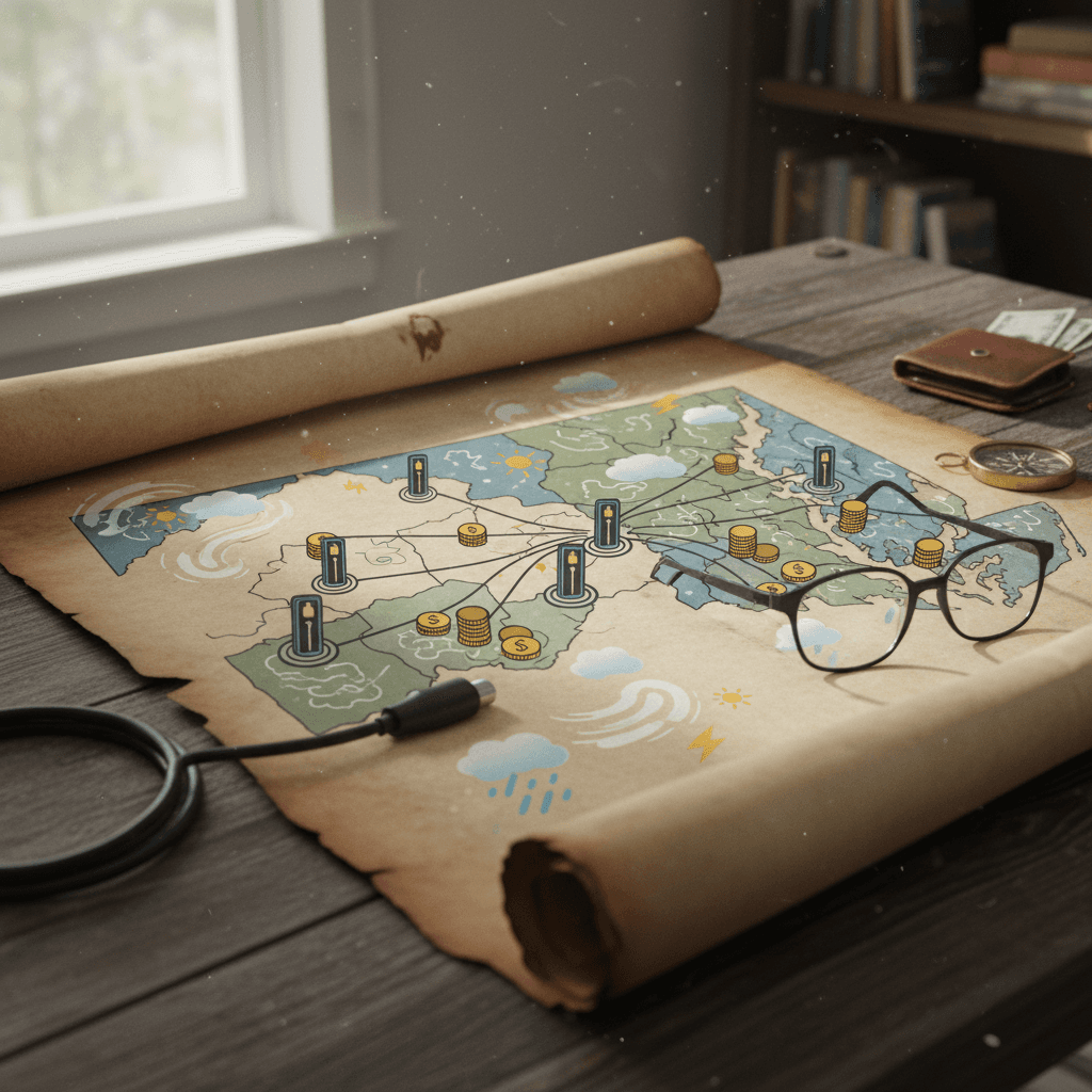 Illustrated map of Maryland highlighting EV charging hotspots across Baltimore, D.C. suburbs, and major highways