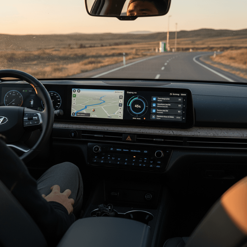 Driver using the Hyundai Ioniq 5 touchscreen to view route and nearby fast-charging stations during a highway road trip