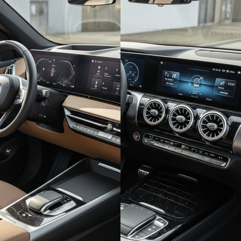 Side by side interior comparison of BMW iX and Mercedes EQB dashboards showing digital displays and control layouts