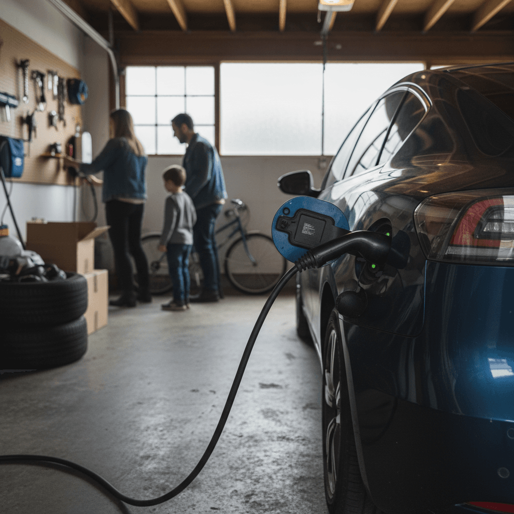 Family charging an electric EV car in a home garage using a wallbox charger