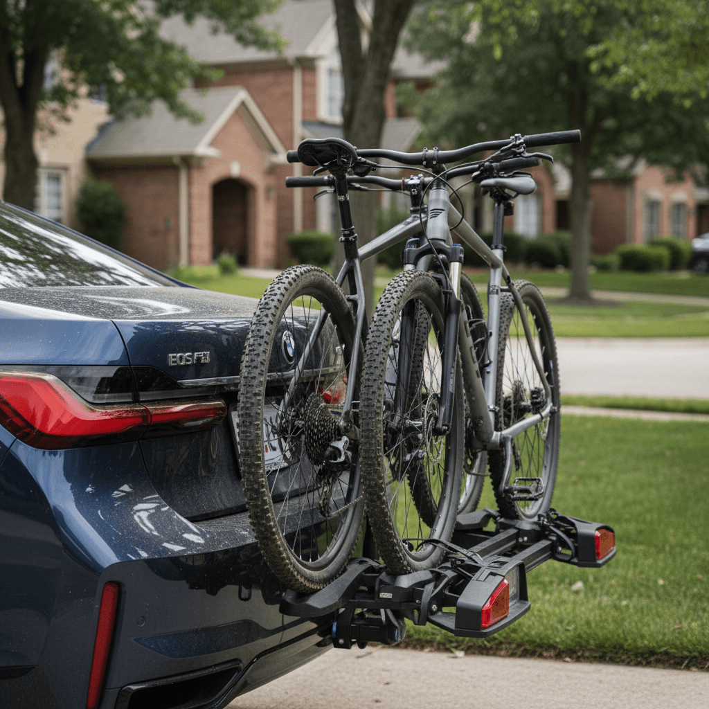 Hitch-mounted platform bike rack with two bicycles attached to a luxury electric sedan