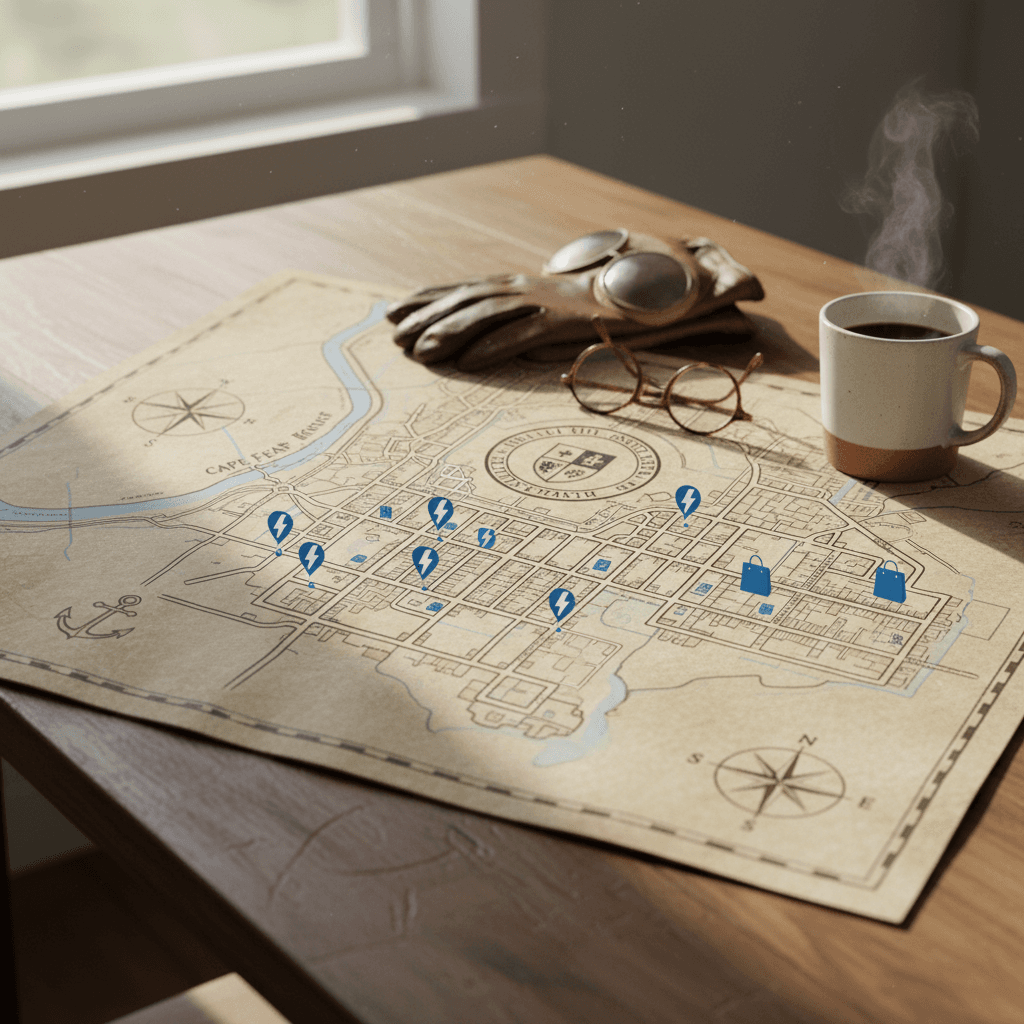 Electric vehicle plugged into a curbside Level 2 charging station on a residential street in Washington DC with brick rowhouses in the background.