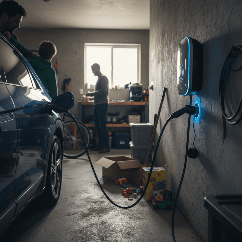 Family plugging a fully electric vehicle into a home charger in a modern garage