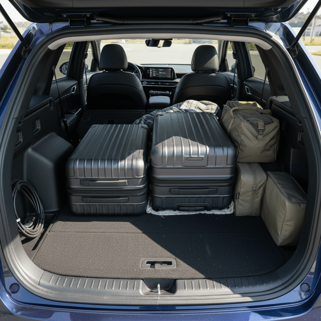 Kia EV6 rear cargo area shown with rear seats folded flat to demonstrate maximum luggage space