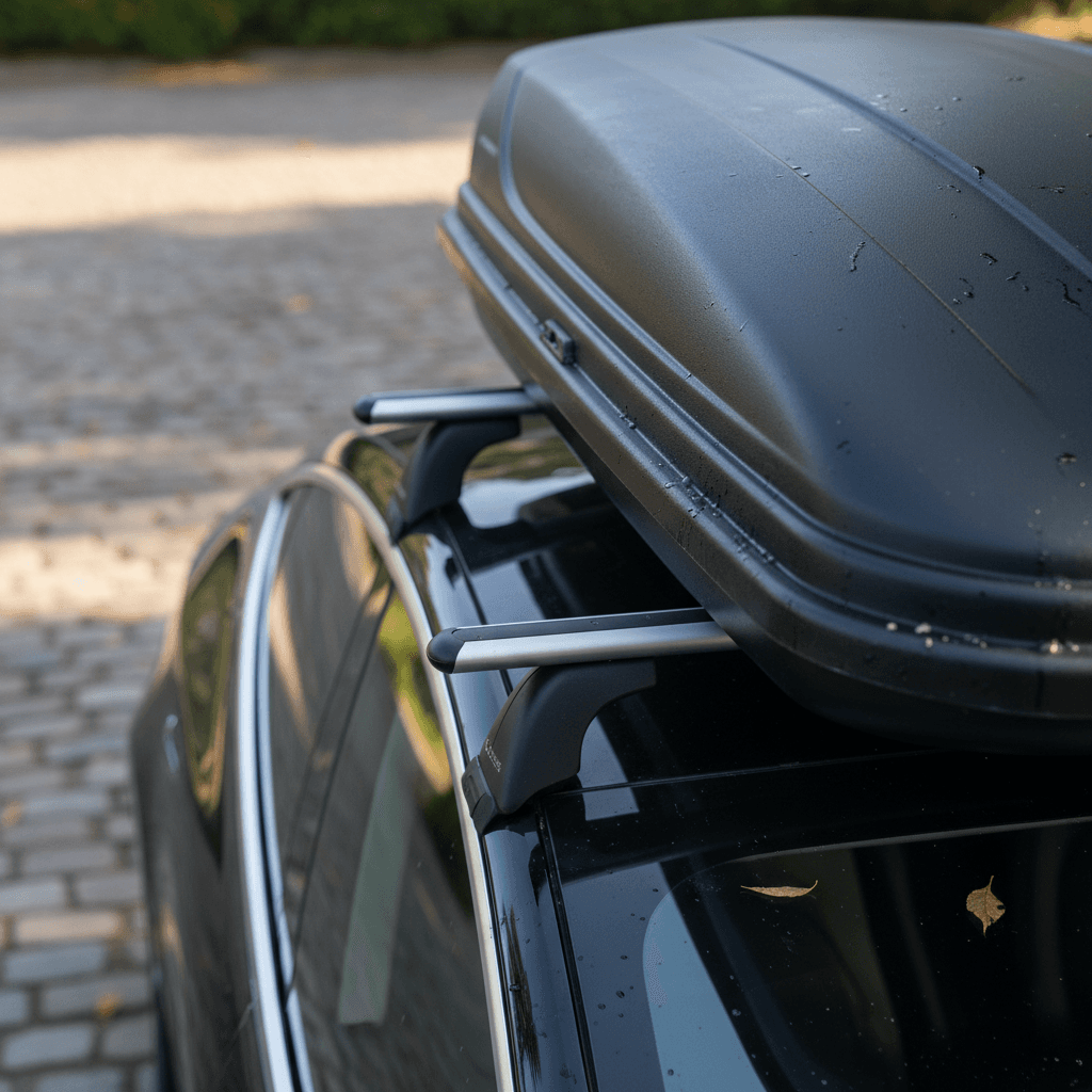 Tesla Model 3 with a factory roof rack and a medium cargo box parked in a driveway