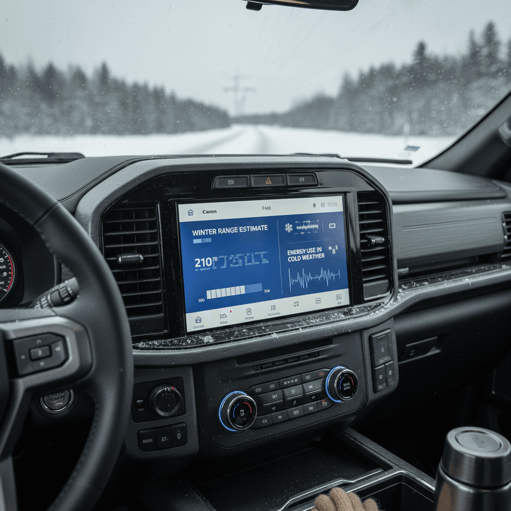 Ford F-150 Lightning digital dash showing winter energy usage including climate control and driving efficiency