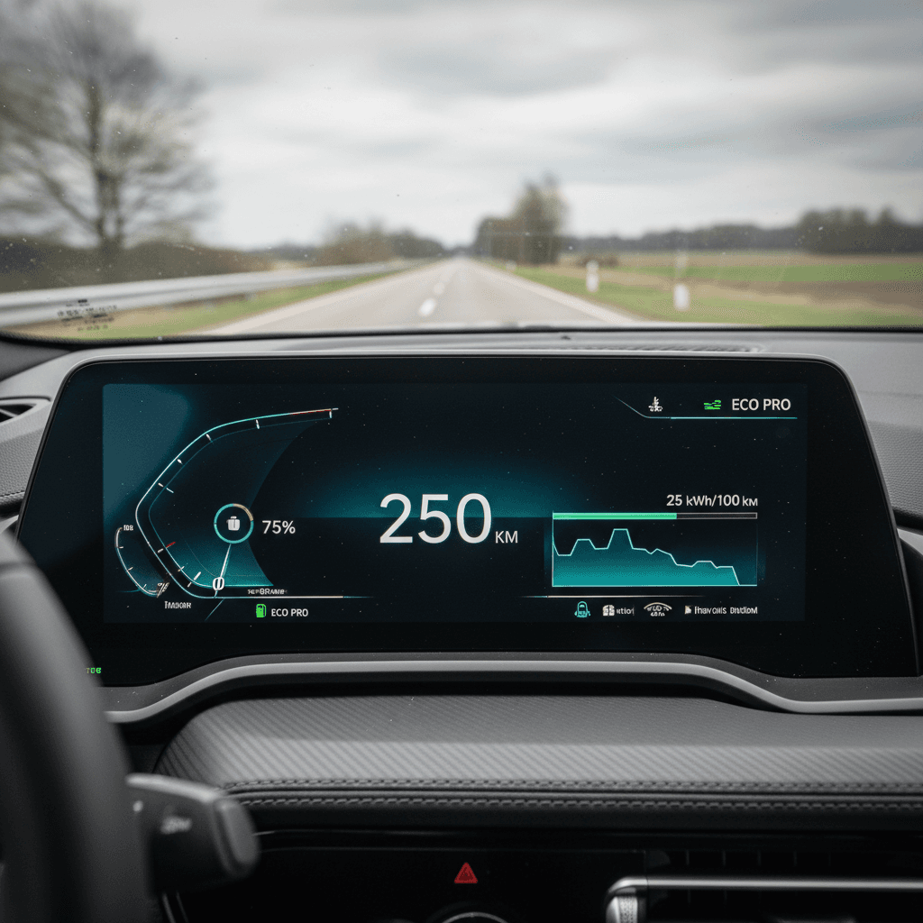Volvo XC40 Recharge driver display showing remaining range and energy usage while driving on the highway