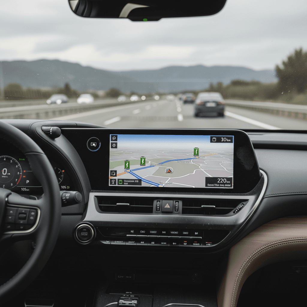 Lexus RZ 450e interior on the highway with navigation planning charging stops
