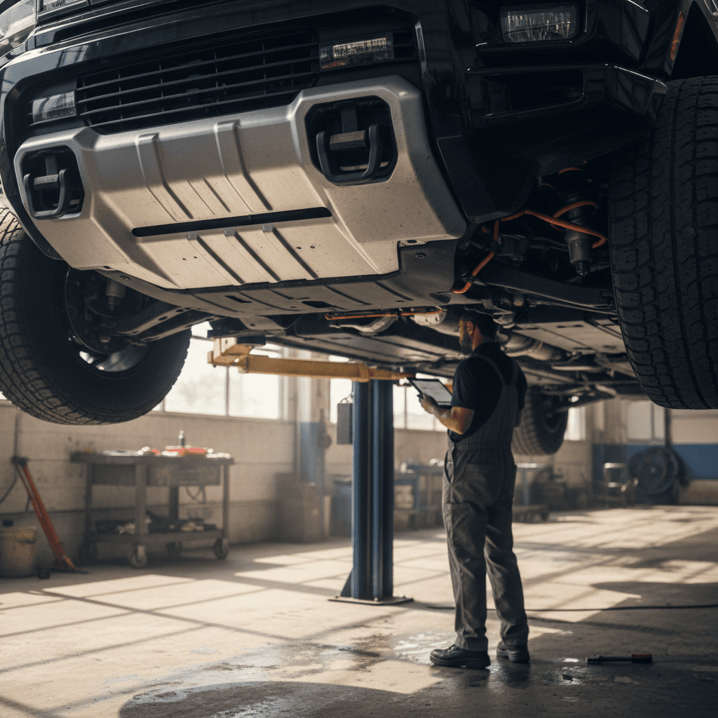 Technician inspecting the underside and battery area of a GMC Hummer EV on a lift