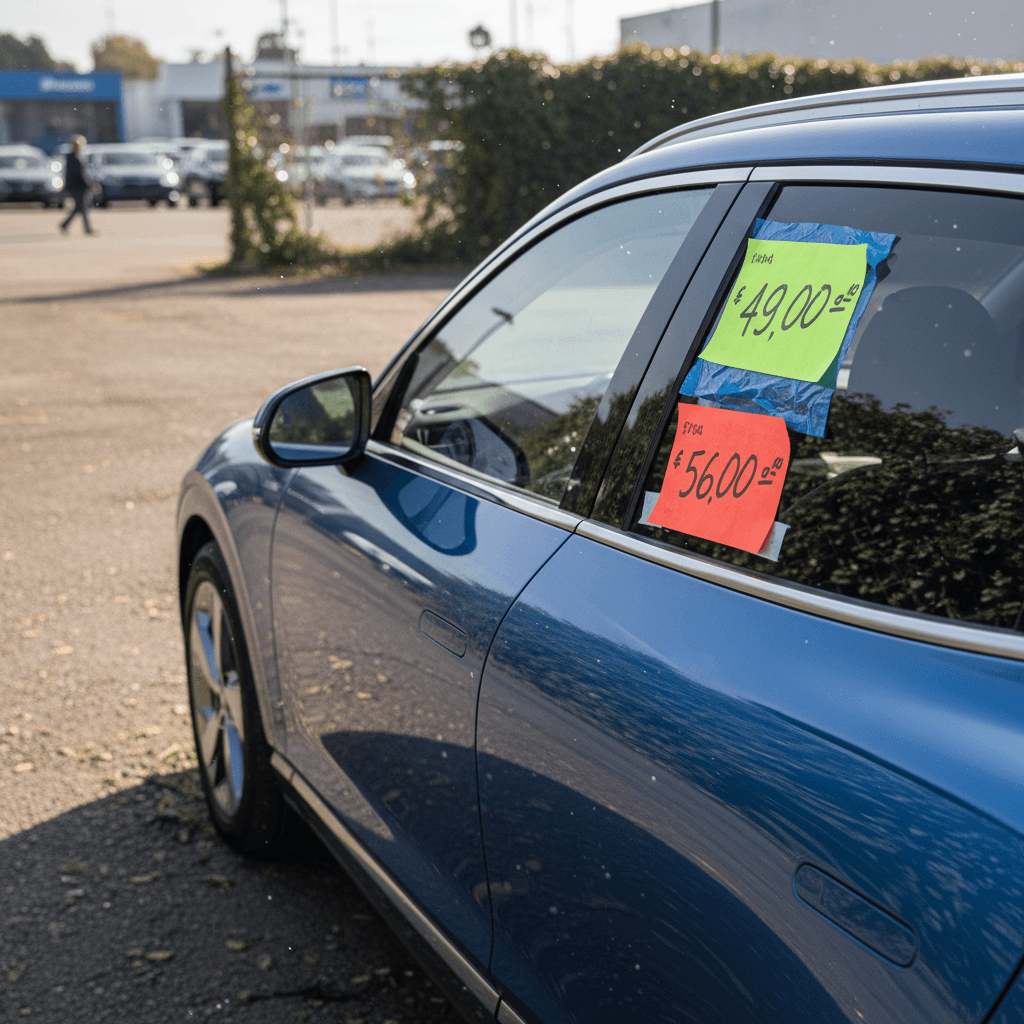 Row of used Genesis GV60 electric SUVs on a dealer lot, showing price stickers and variety of trims