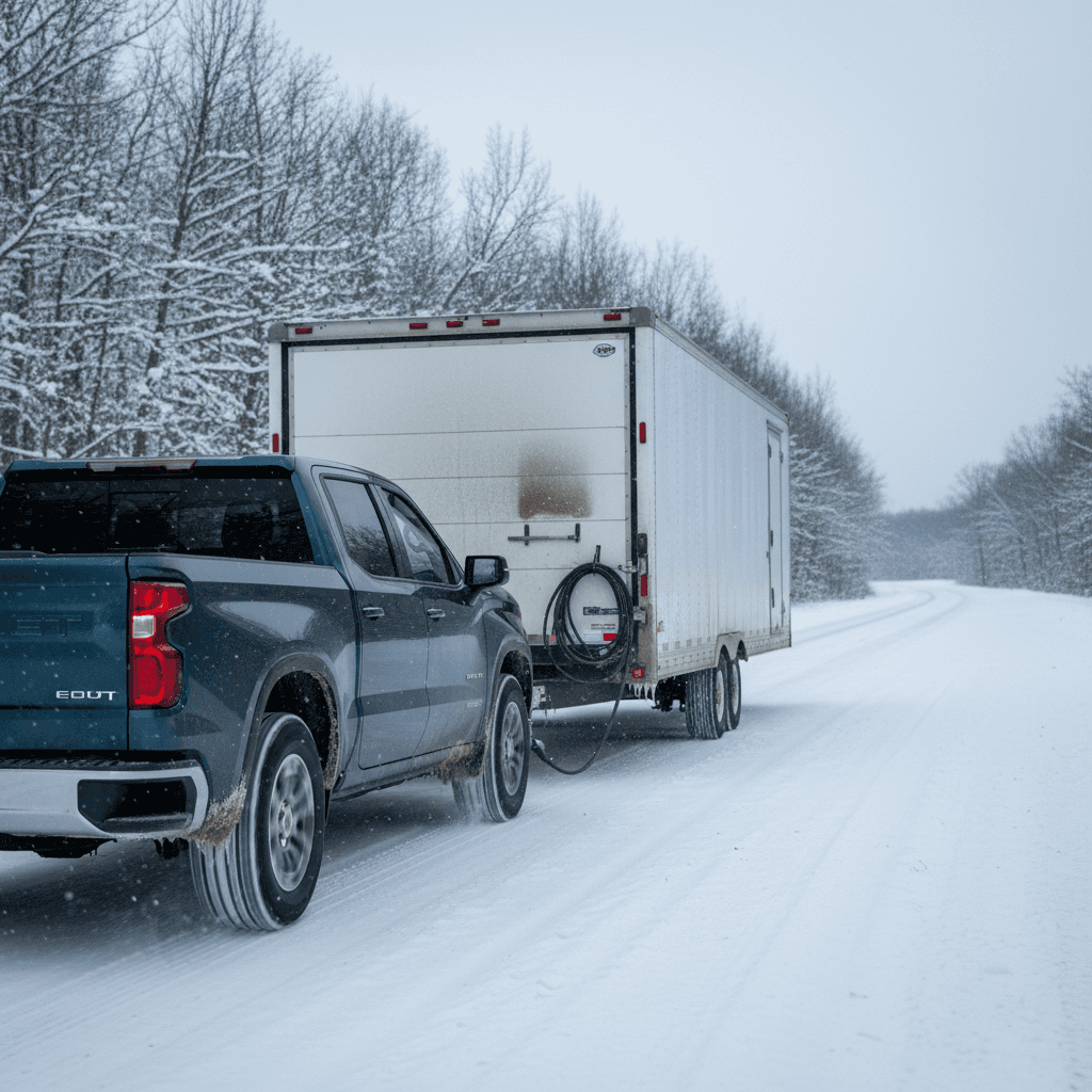 Chevrolet Silverado EV towing a trailer on a snowy highway, illustrating winter range impact while hauling