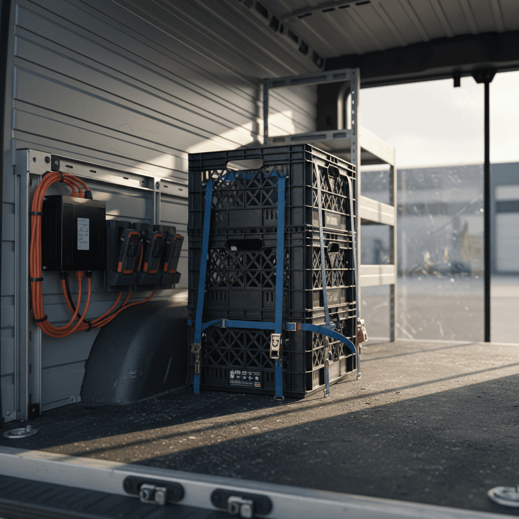 Interior of an electric cargo van showing loading space and shelving