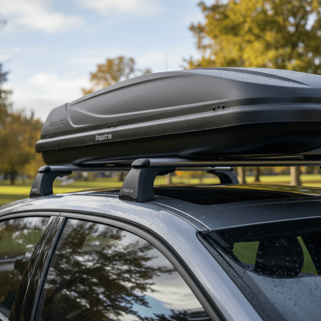 Polestar 2 with aerodynamic roof box mounted on cross bars, showing roof rack position and stance