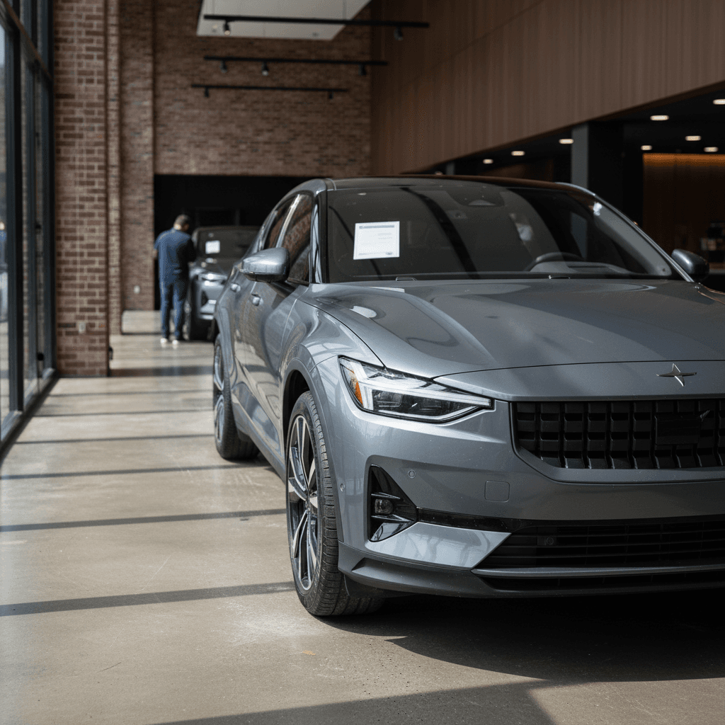 Used Polestar 3 electric SUV displayed in an indoor showroom with pricing information visible