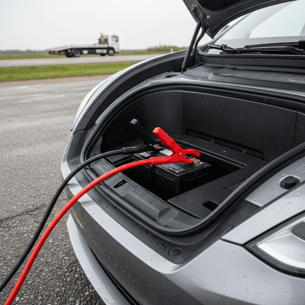 Roadside technician jump-starting the 12-volt battery in an electric car’s front trunk using jumper cables