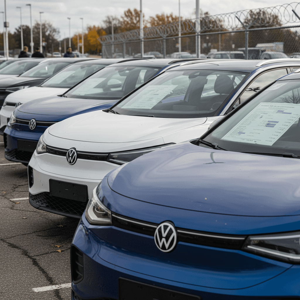 Row of used Volkswagen ID.4 electric SUVs parked at a dealership with window stickers