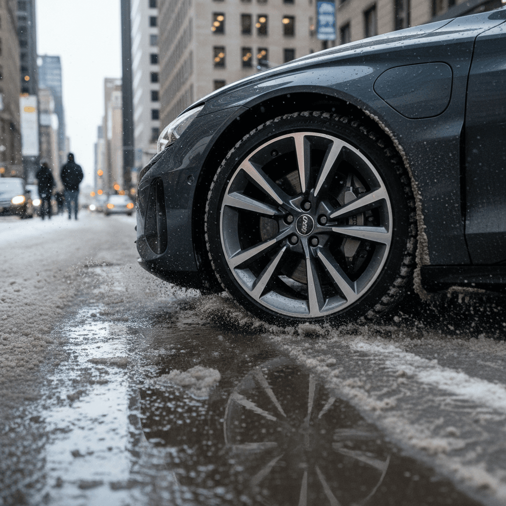 Audi e-tron GT driving slowly through a slushy city street on winter tires