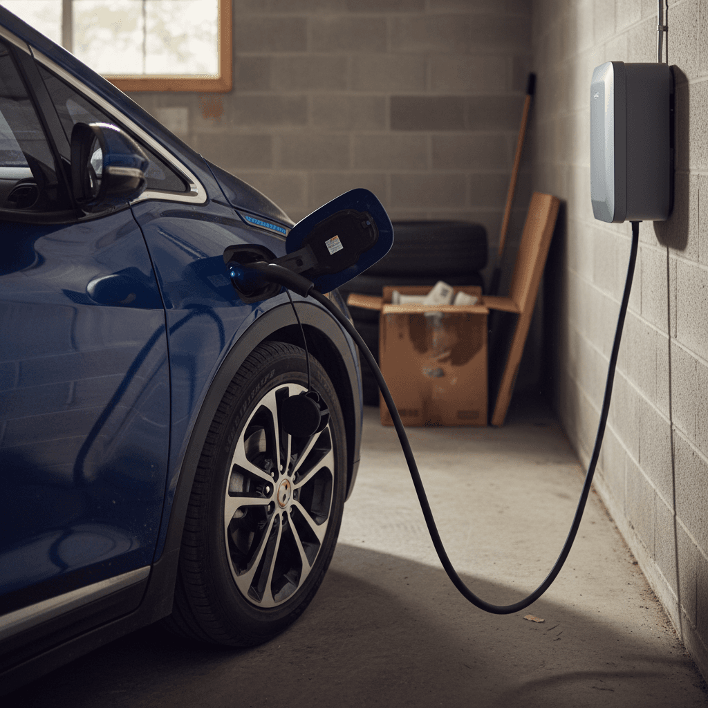 A 2021 Chevrolet Bolt EV plugged into a Level 2 charger in a residential garage