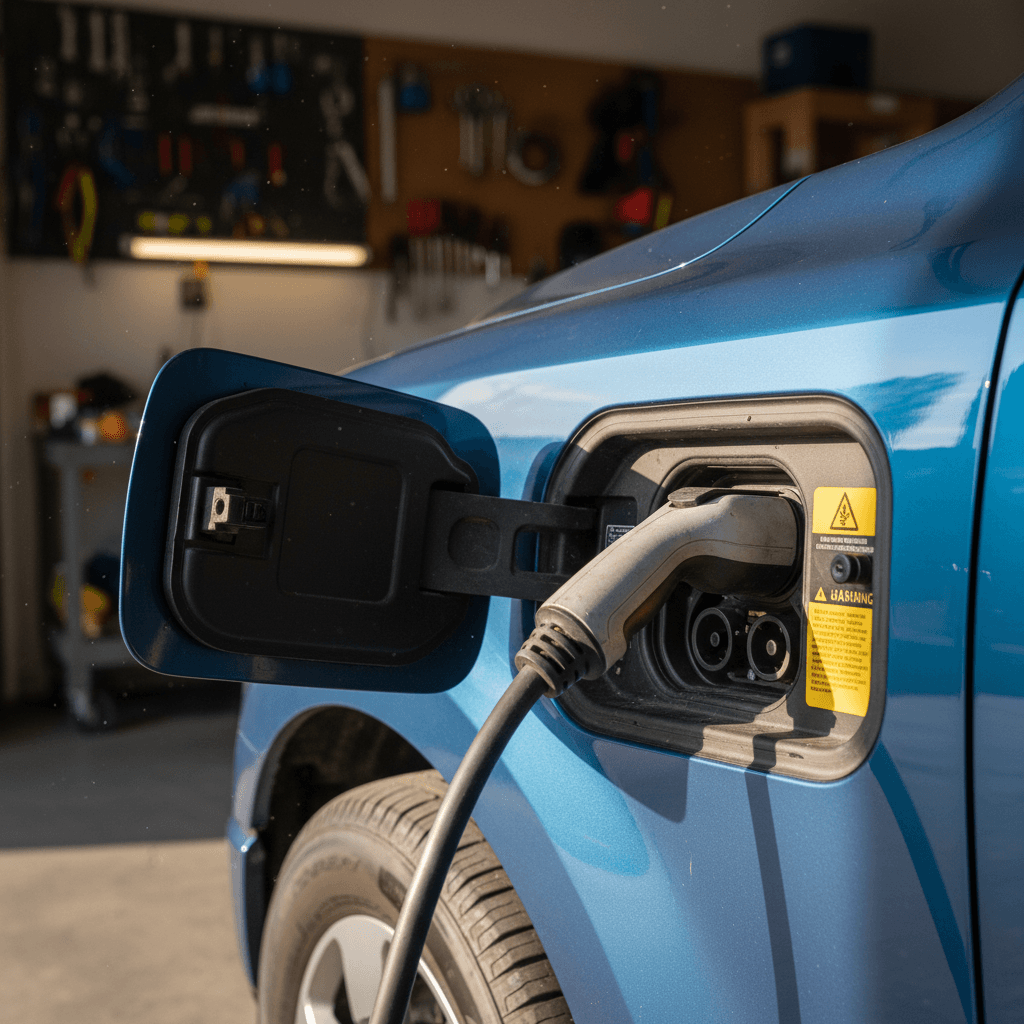 Close-up of an F-150 Lightning charge port and high-voltage battery warning label while plugged into a home charger