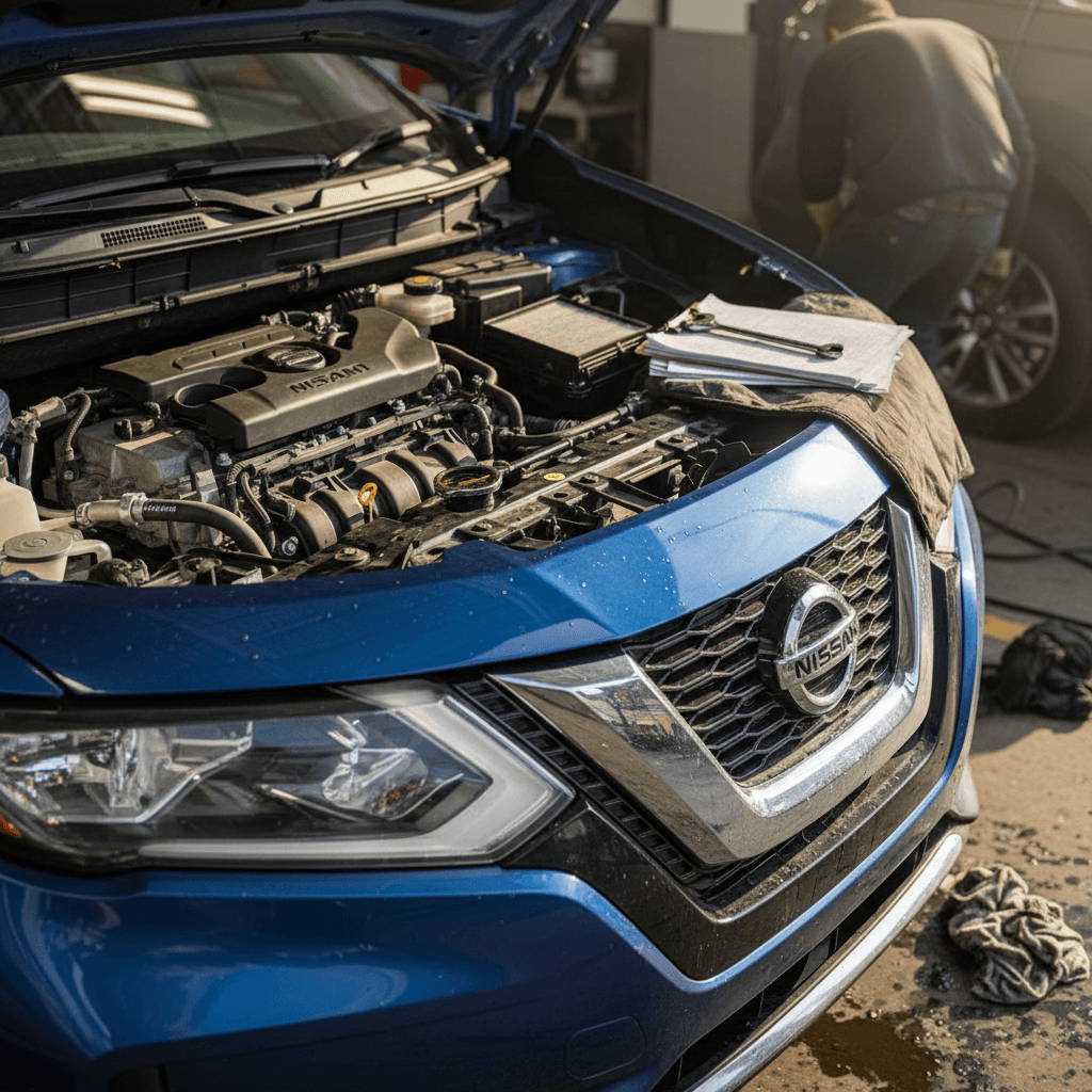 Mechanic inspecting front brake components on a vehicle during scheduled service