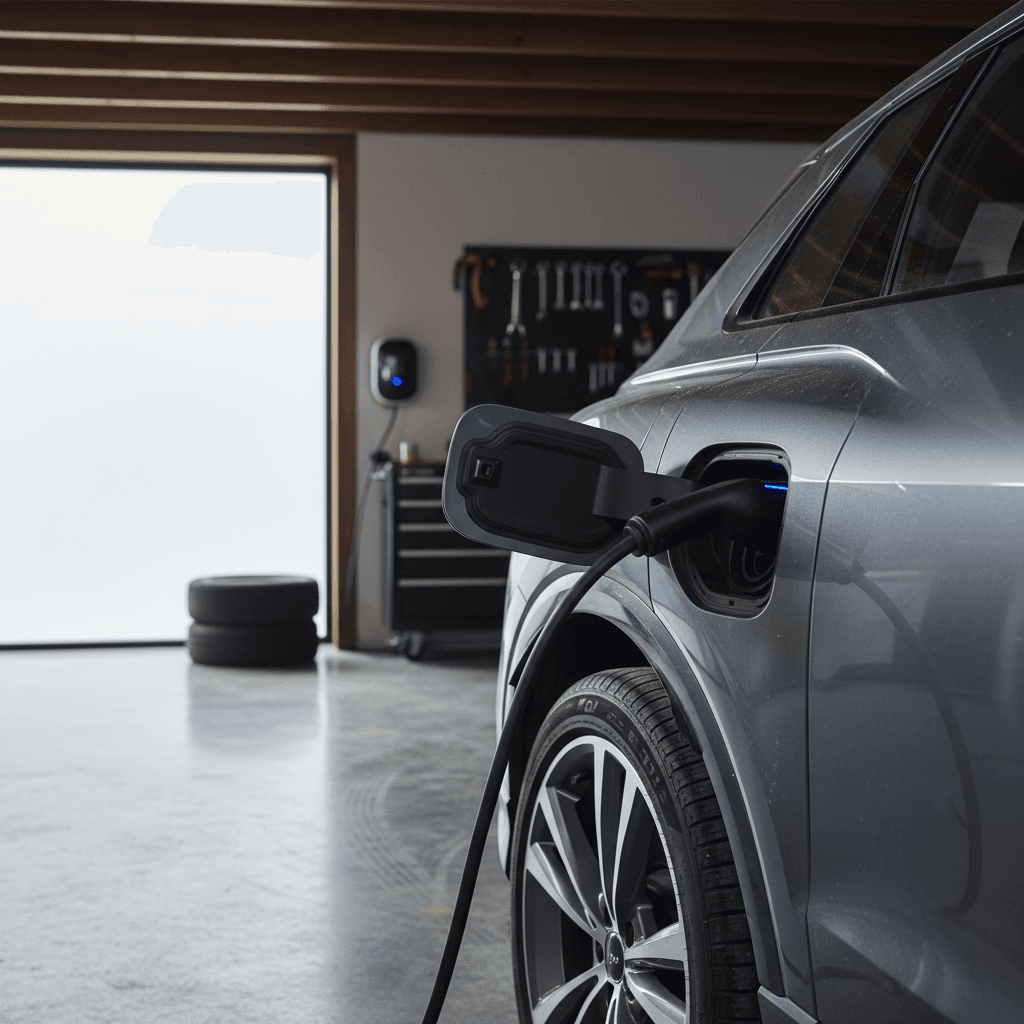 2022 Audi Q4 e-tron charging at a home wallbox in a suburban driveway