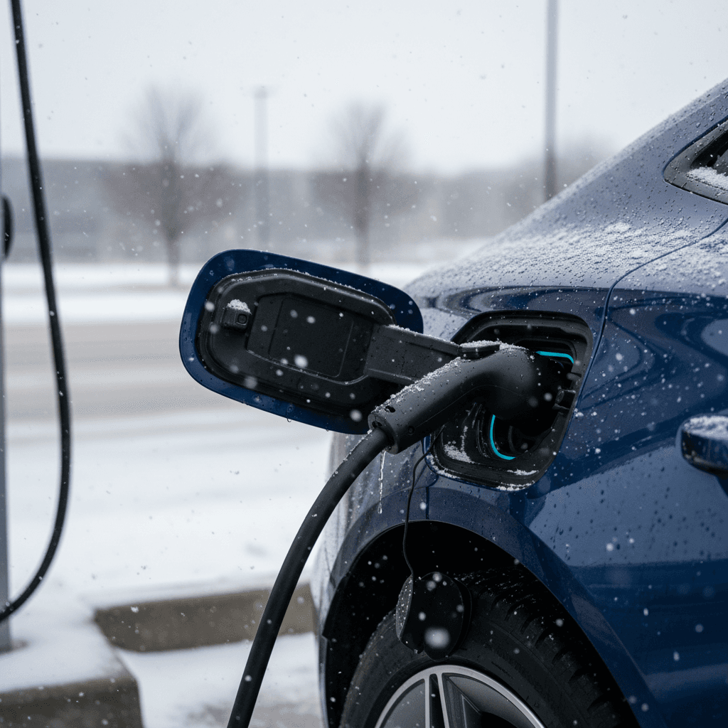 Audi e-tron GT charging at a DC fast charger in light snow, close-up of the charging port and cable