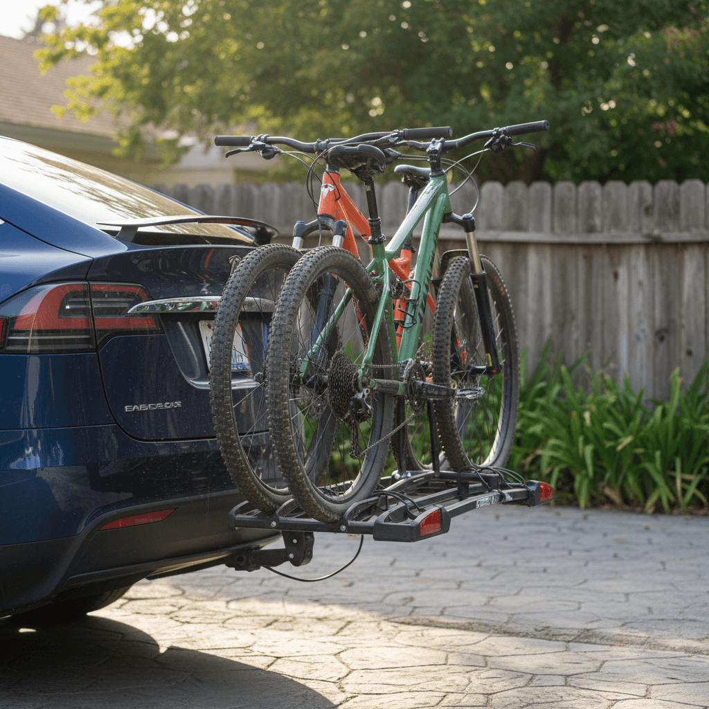 Platform style bike rack mounted to a Tesla Model X 2 inch hitch carrying two mountain bikes