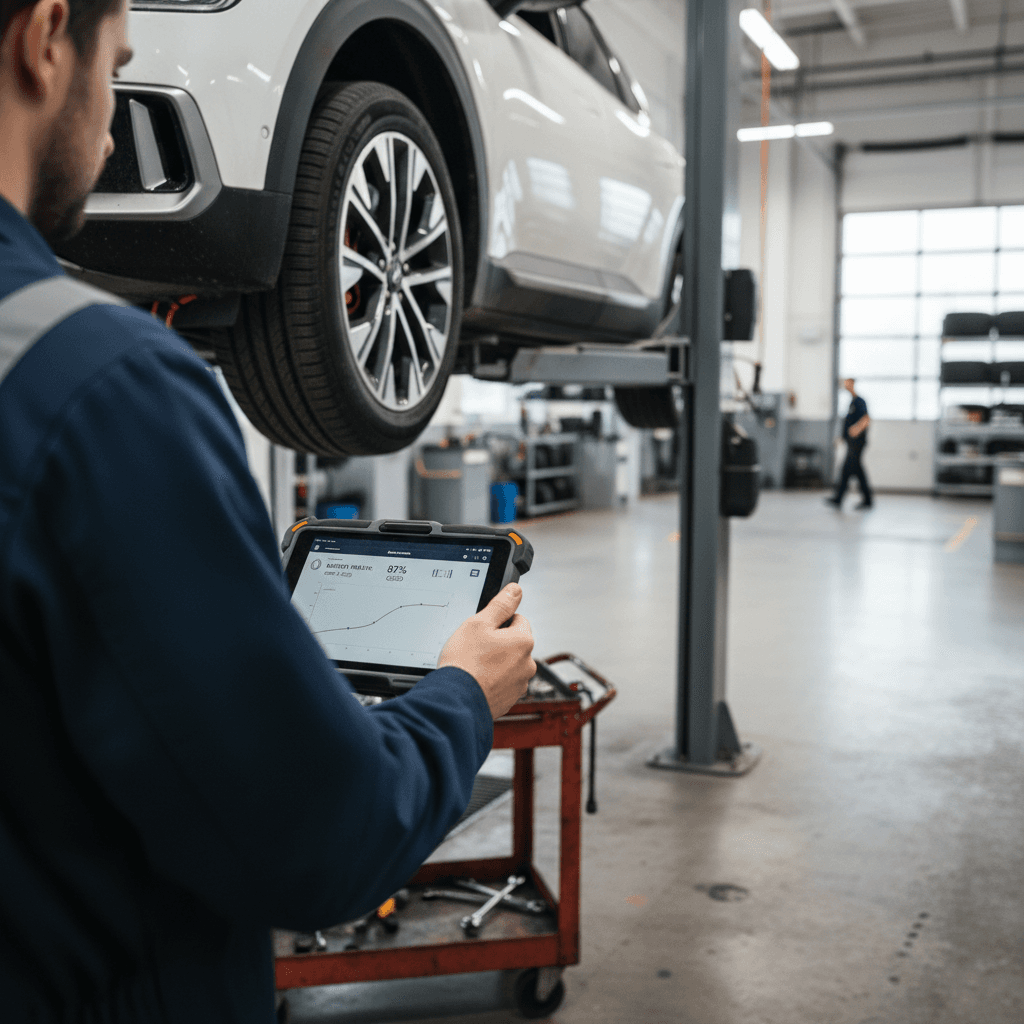Technician inspecting a used Kia EV9 on a lift, reviewing battery health data on a tablet