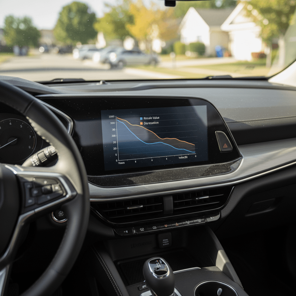 Dashboard of a Chevrolet Blazer EV with an overlay line chart illustrating the vehicle’s 5-year depreciation curve and projected resale value points.