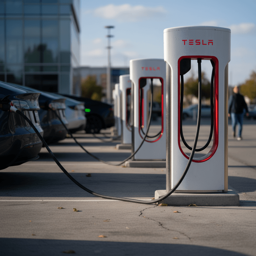 Row of Tesla Supercharger stalls lined up in a parking lot at dusk