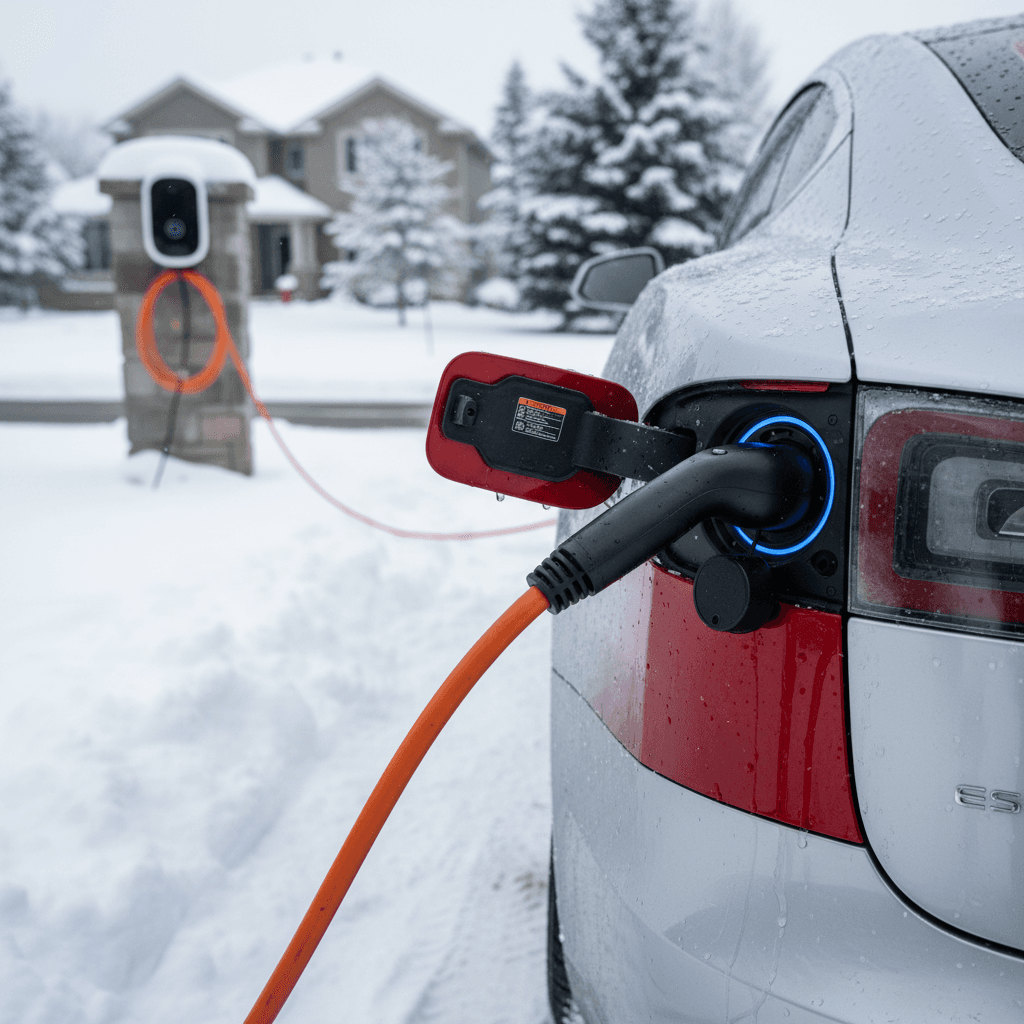 Tesla Model S charging at a home wall connector in a snowy driveway