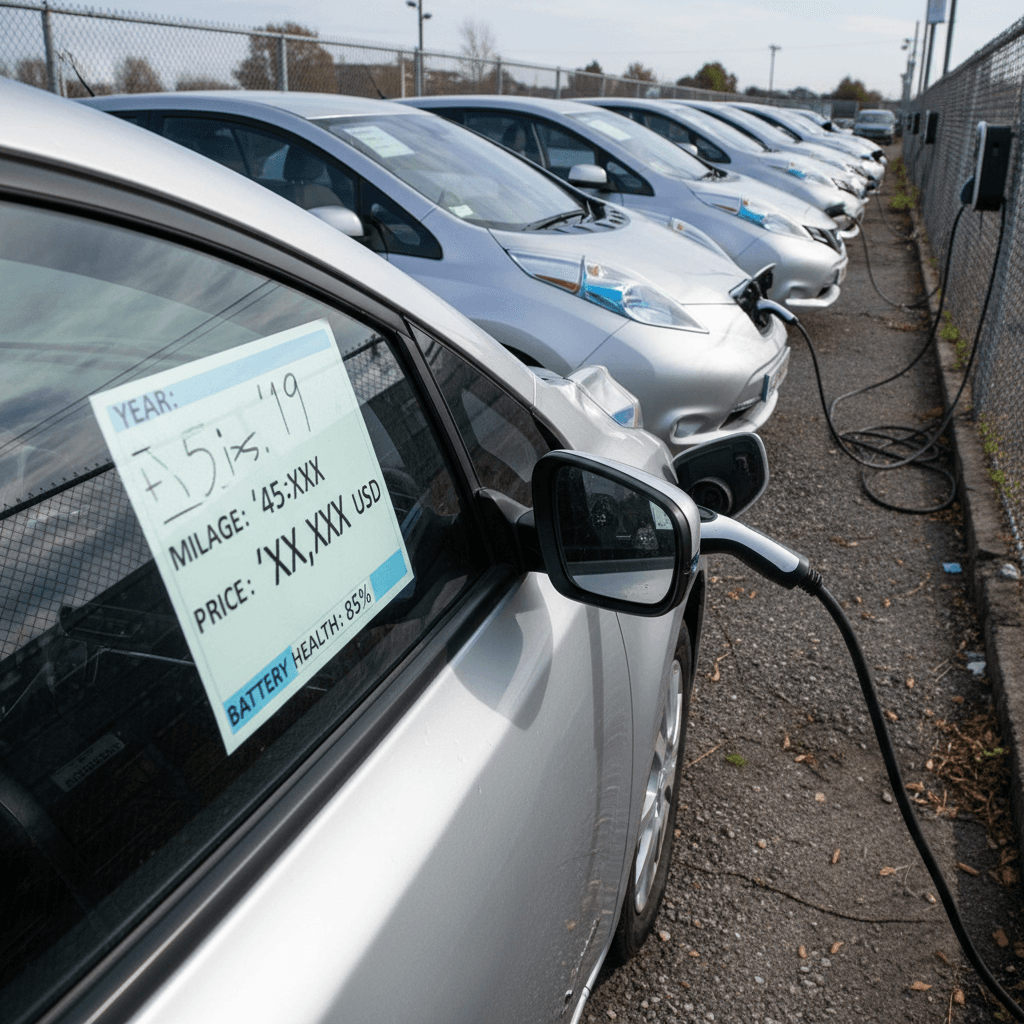 Row of used Nissan Leafs parked at a dealership with visible pricing stickers and charge ports
