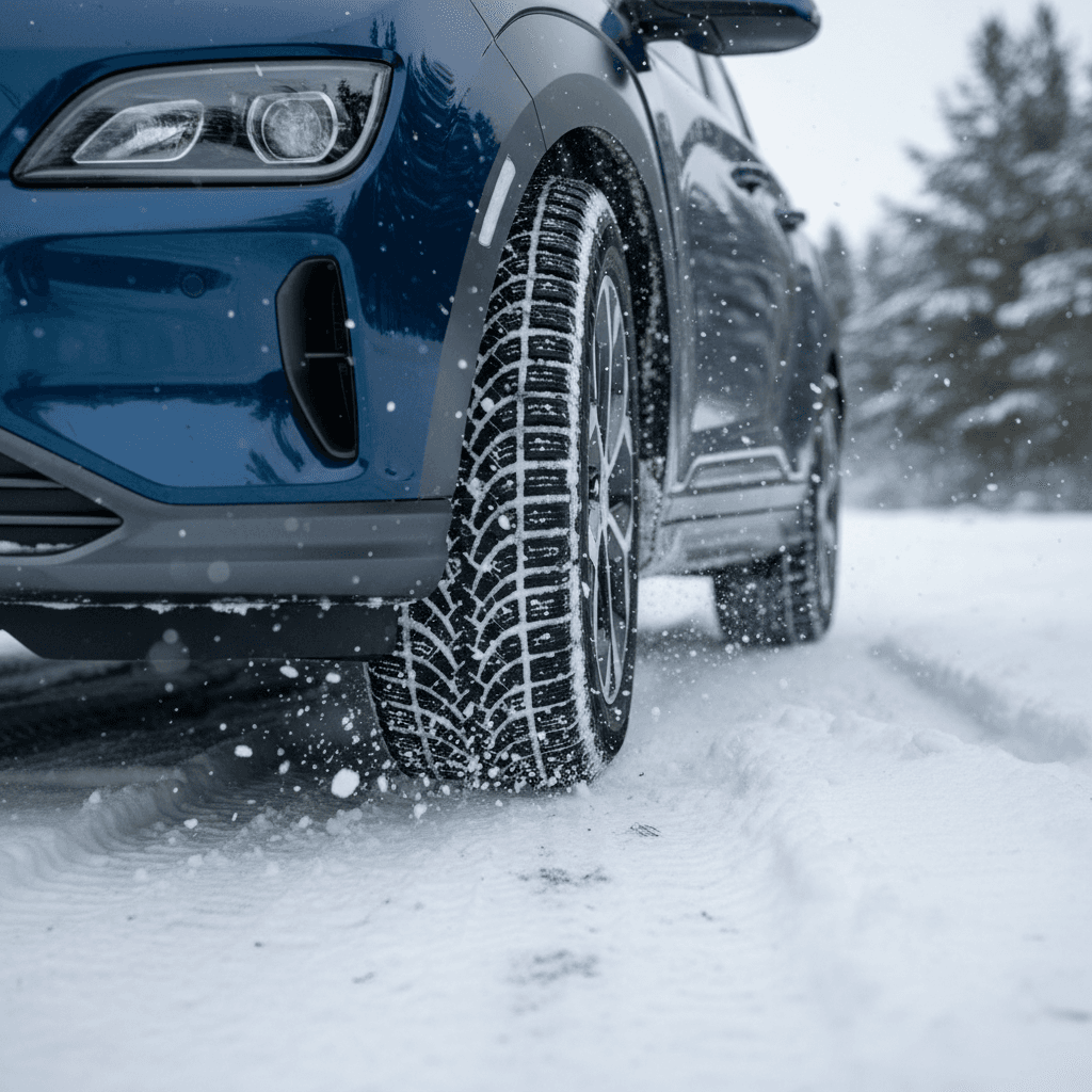 Hyundai Kona Electric driving through light snow on a suburban street, showing compact SUV stance and tire tracks