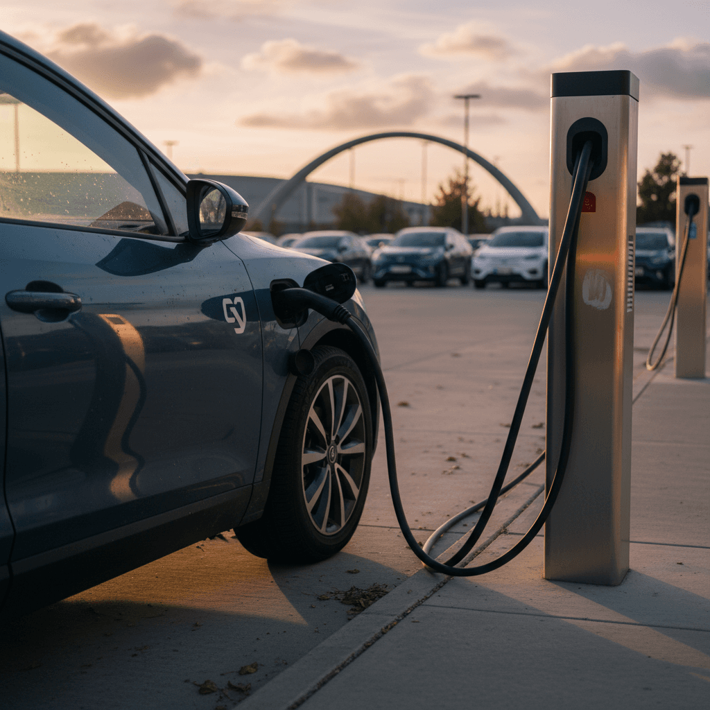 Customer at a rental car counter discussing options for an electric vehicle