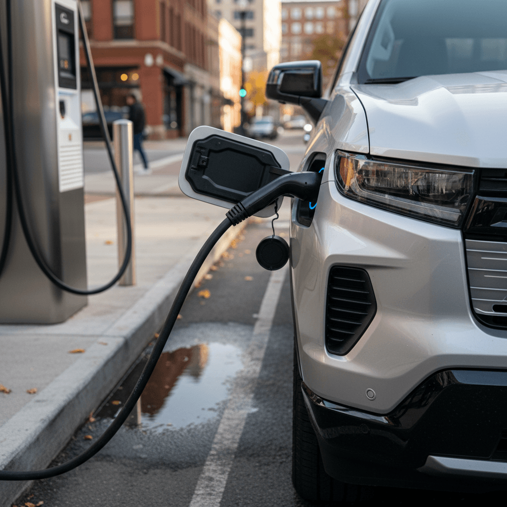 Driver fast charging a 2024 Chevy Silverado EV at a public DC fast charger