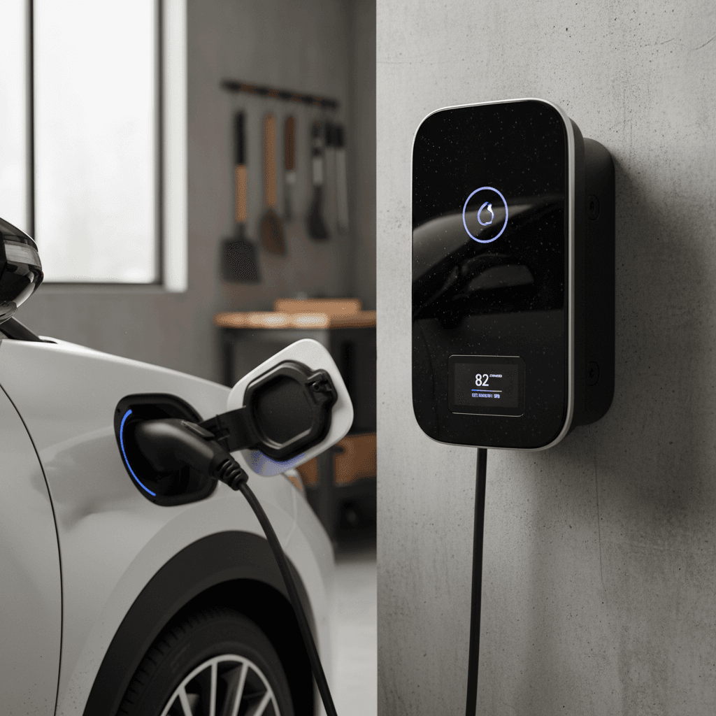 Lexus RZ 450e plugged into a home Level 2 charger showing state of charge on the dash