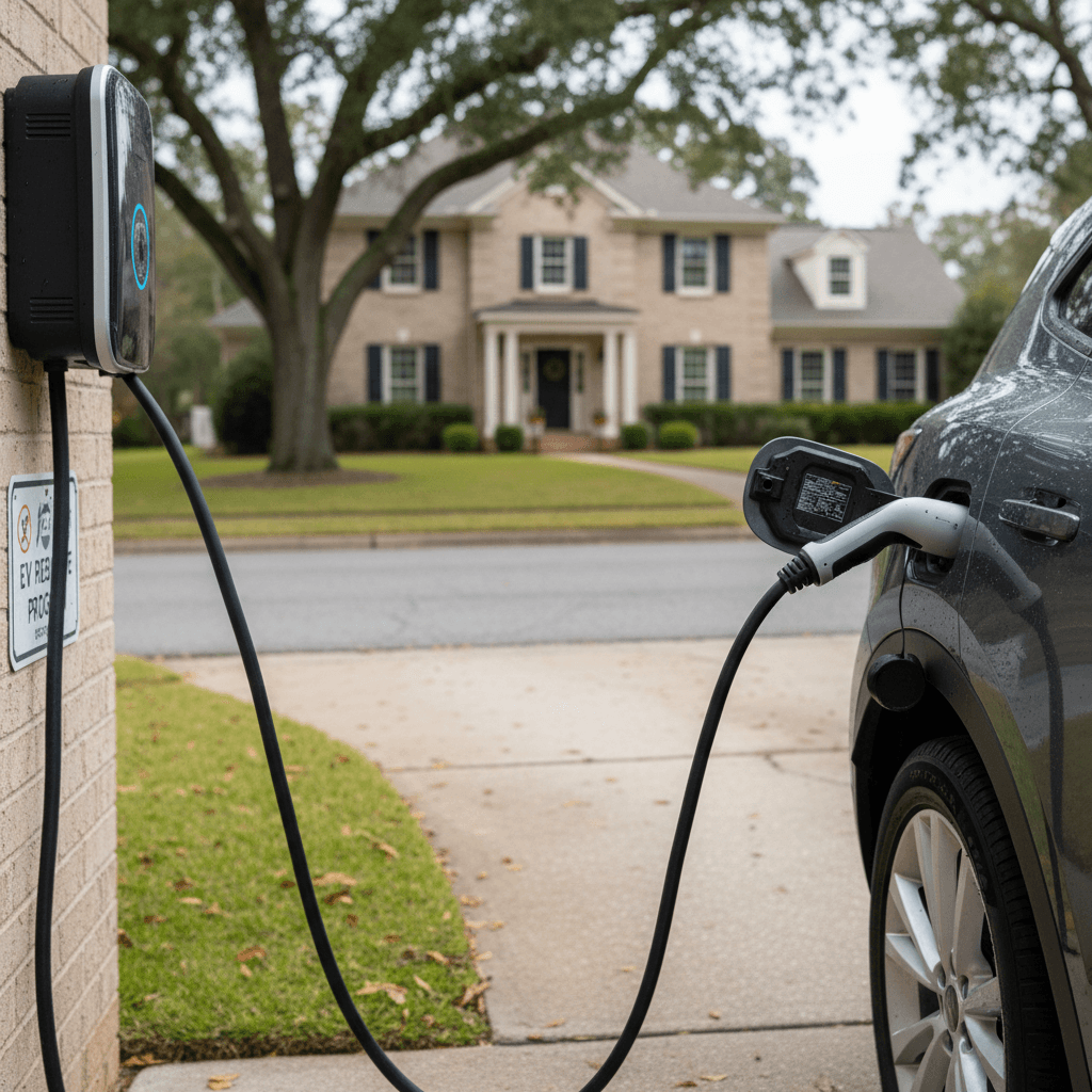 Level 2 EV charger installed in a beach house garage with an electric crossover plugged in