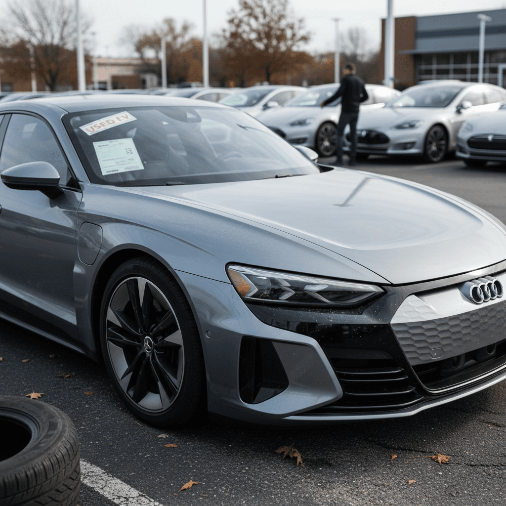 Used Audi e-tron GT displayed on a dealer lot with visible pricing and charging port