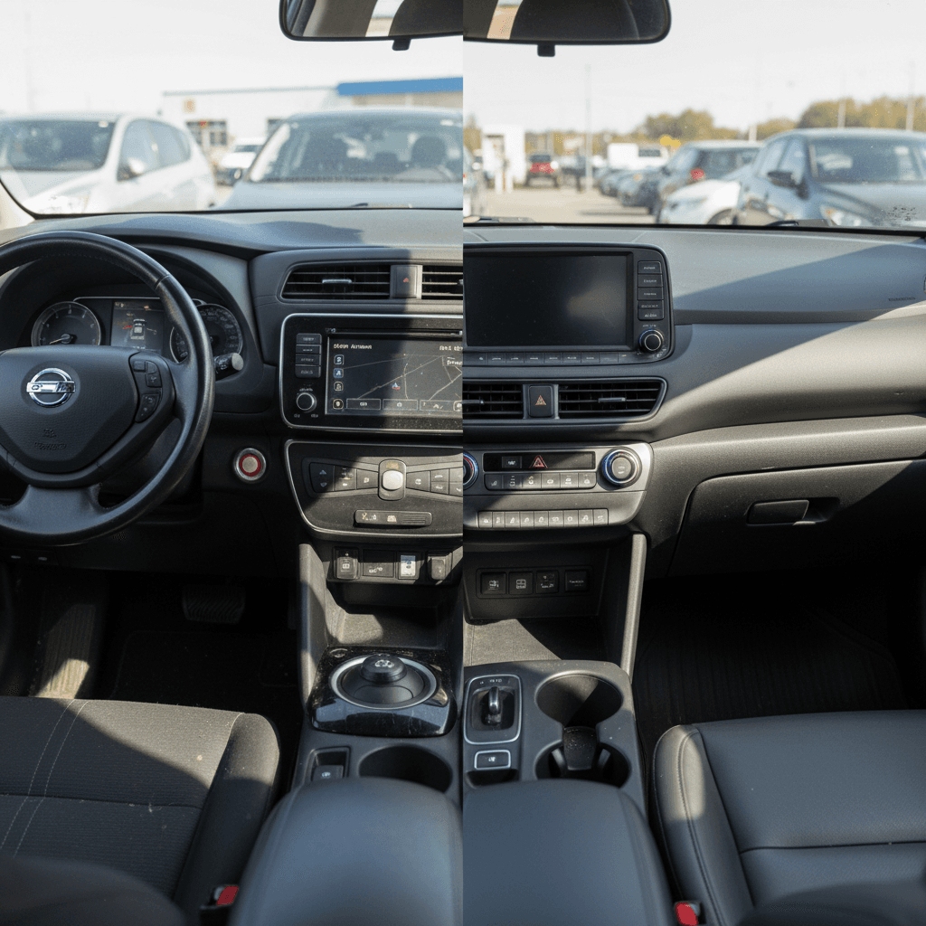Side-by-side interior view of a Nissan Leaf and Hyundai Kona Electric showing their dashboards and front seats