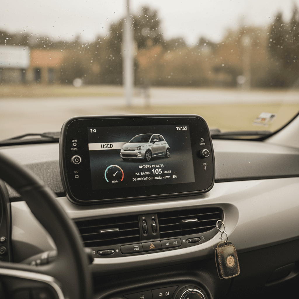 Used electric vehicle listing displaying asking price, mileage, and an at-a-glance battery health score on a laptop screen