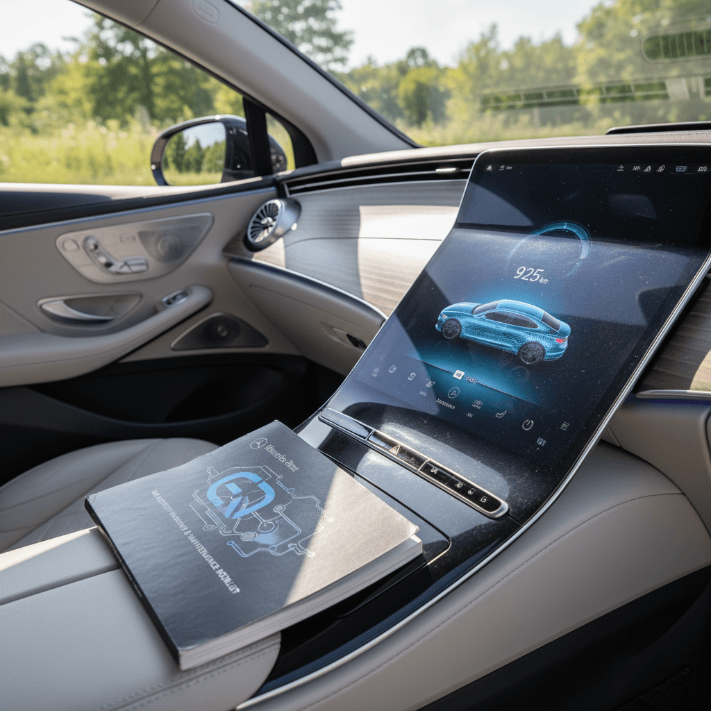 Mercedes EQS interior showing digital range display next to open warranty booklet on the passenger seat