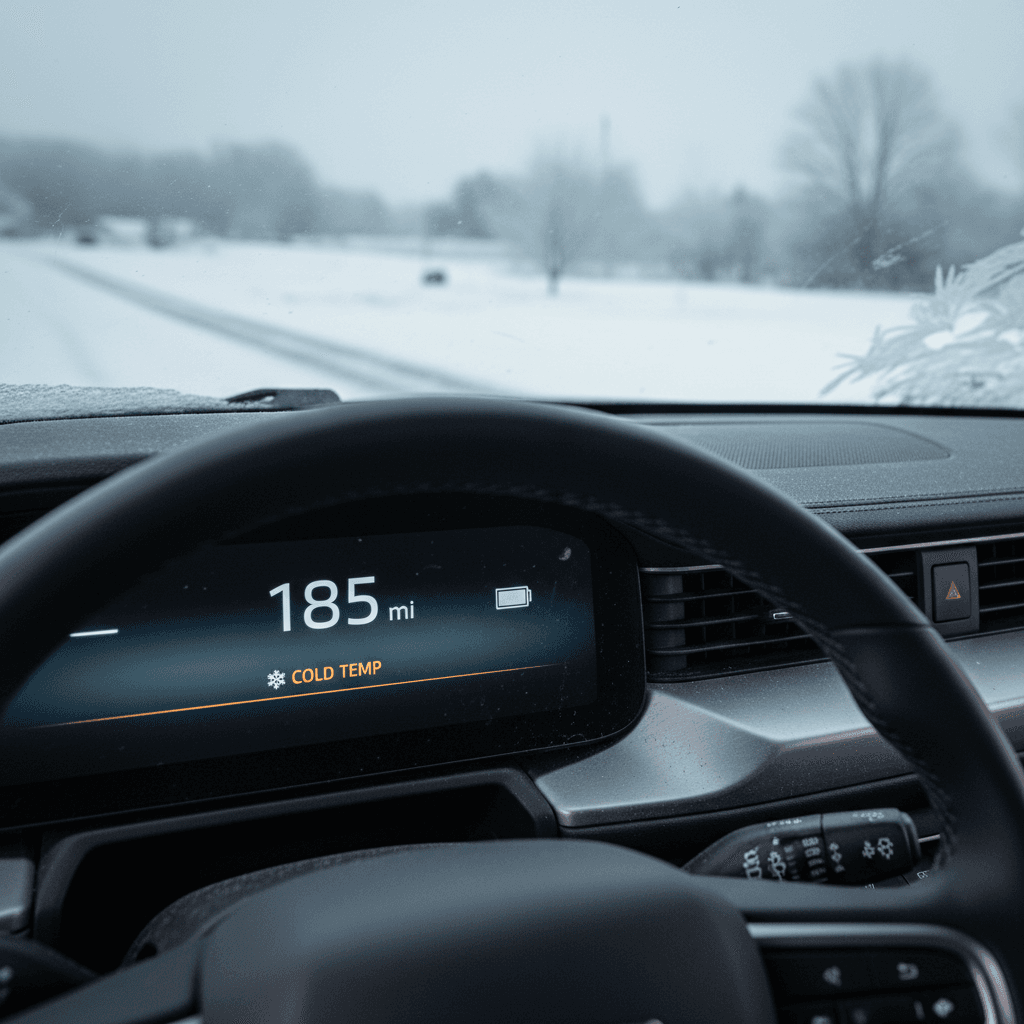 Rivian R1T dashboard showing reduced range estimate on a cold winter day