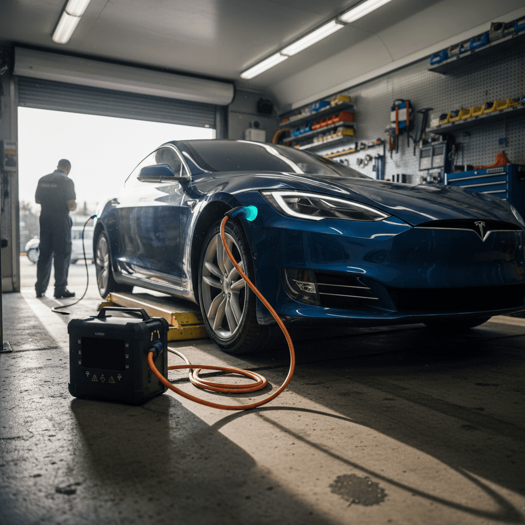 Technician providing mobile EV roadside charging to an electric car on the shoulder of a road