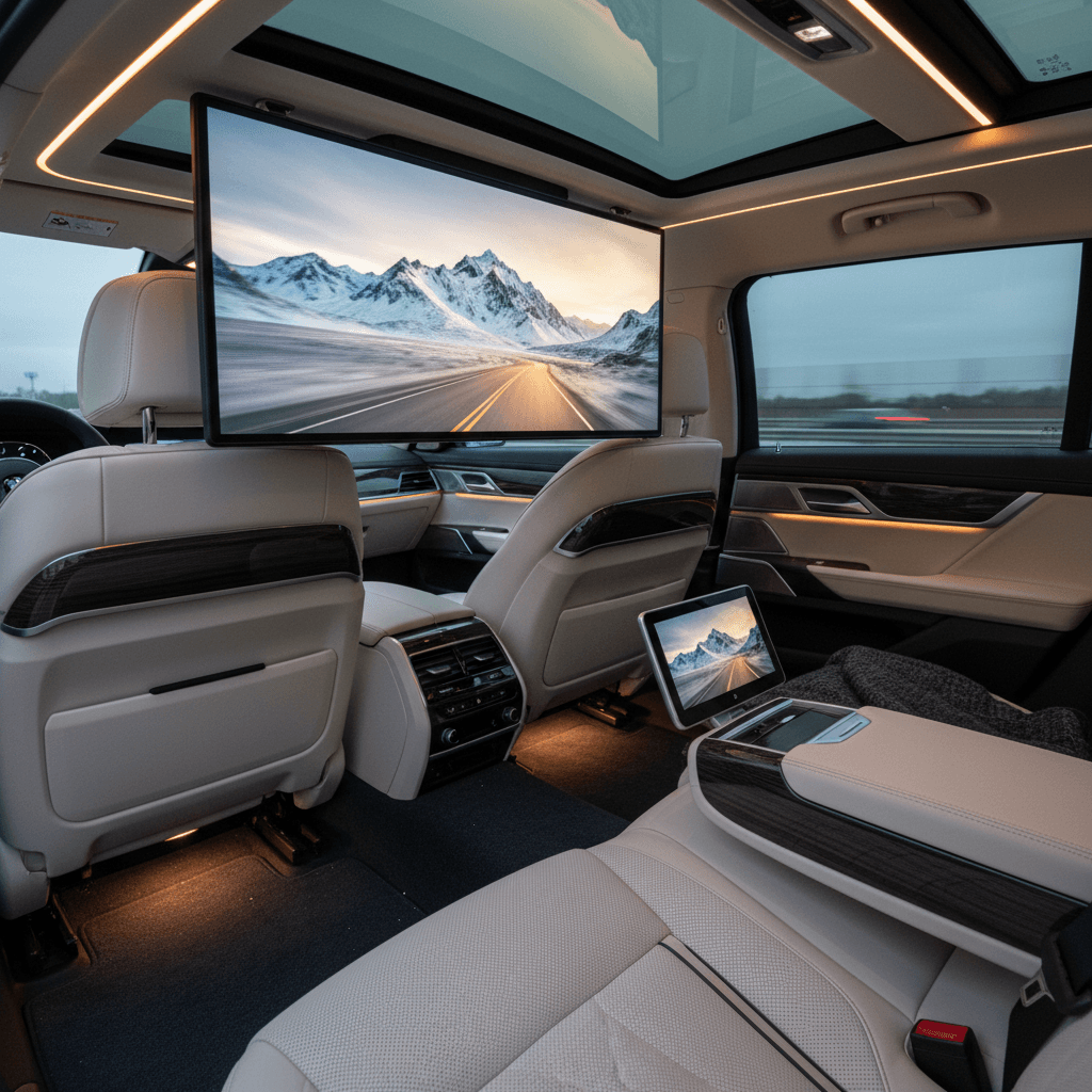 Rear lounge area of a BMW i7 with reclining seats and large theater screen