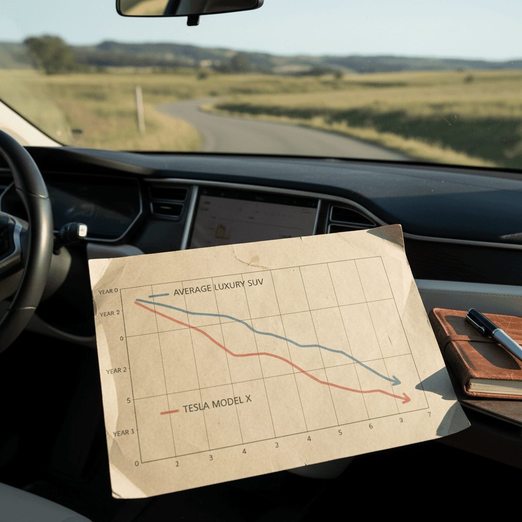 Used Rivian R1S SUVs displayed indoors with visible pricing stickers highlighting depreciation savings