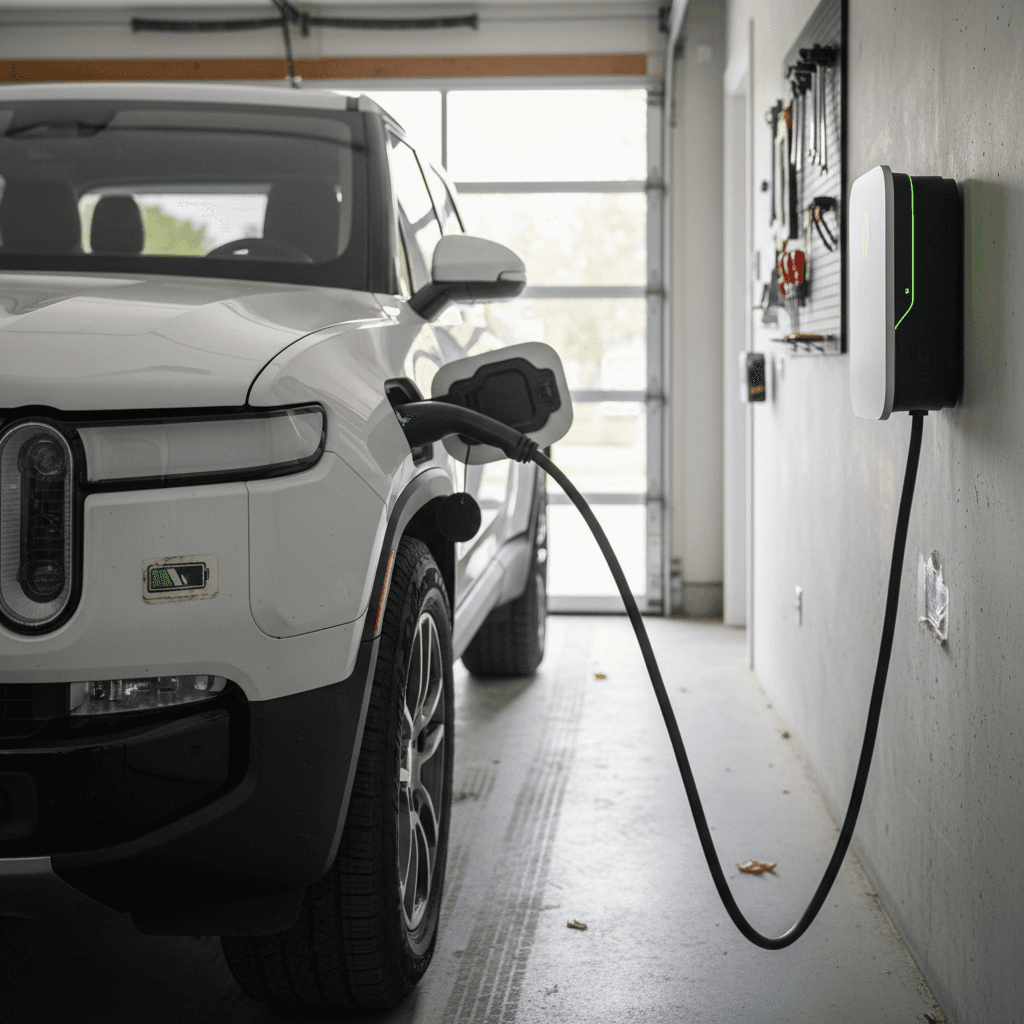 Rivian R1T hooked up to a DC fast charger during a road trip, with charging screen visible